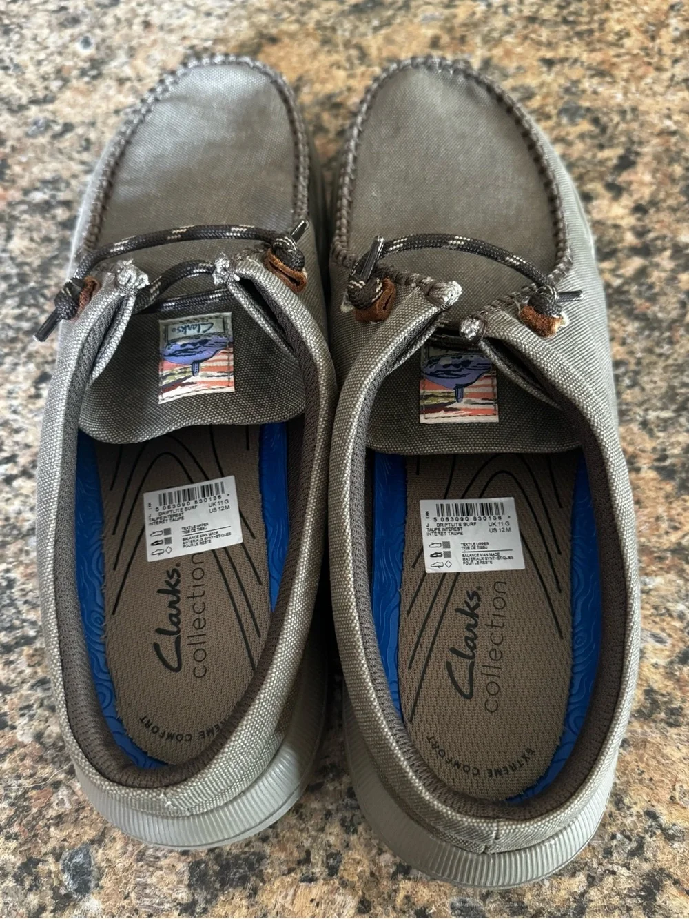 Clarks Men’s Tan Taupe Canvas Size 12 M Driftlite Surf Slip On Boat Shoes Comfy